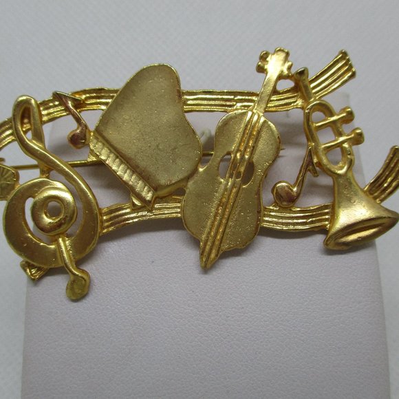 Musical Brooch Matt Gold Musical Instrument Brooch Musical Scale G Clef Notes - Picture 2 of 8